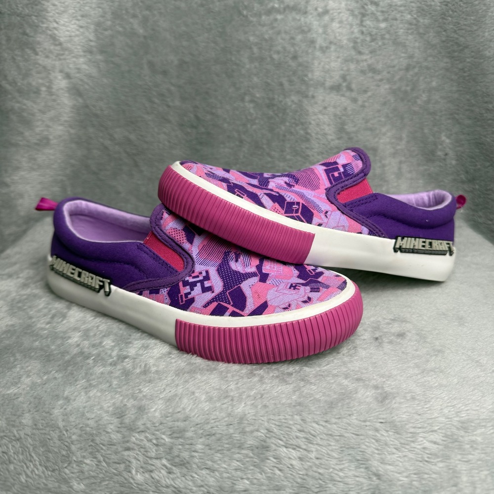 Minecraft Kids Slip On Sneakers Purple Pink Pixel Print Canvas Shoes Size 13